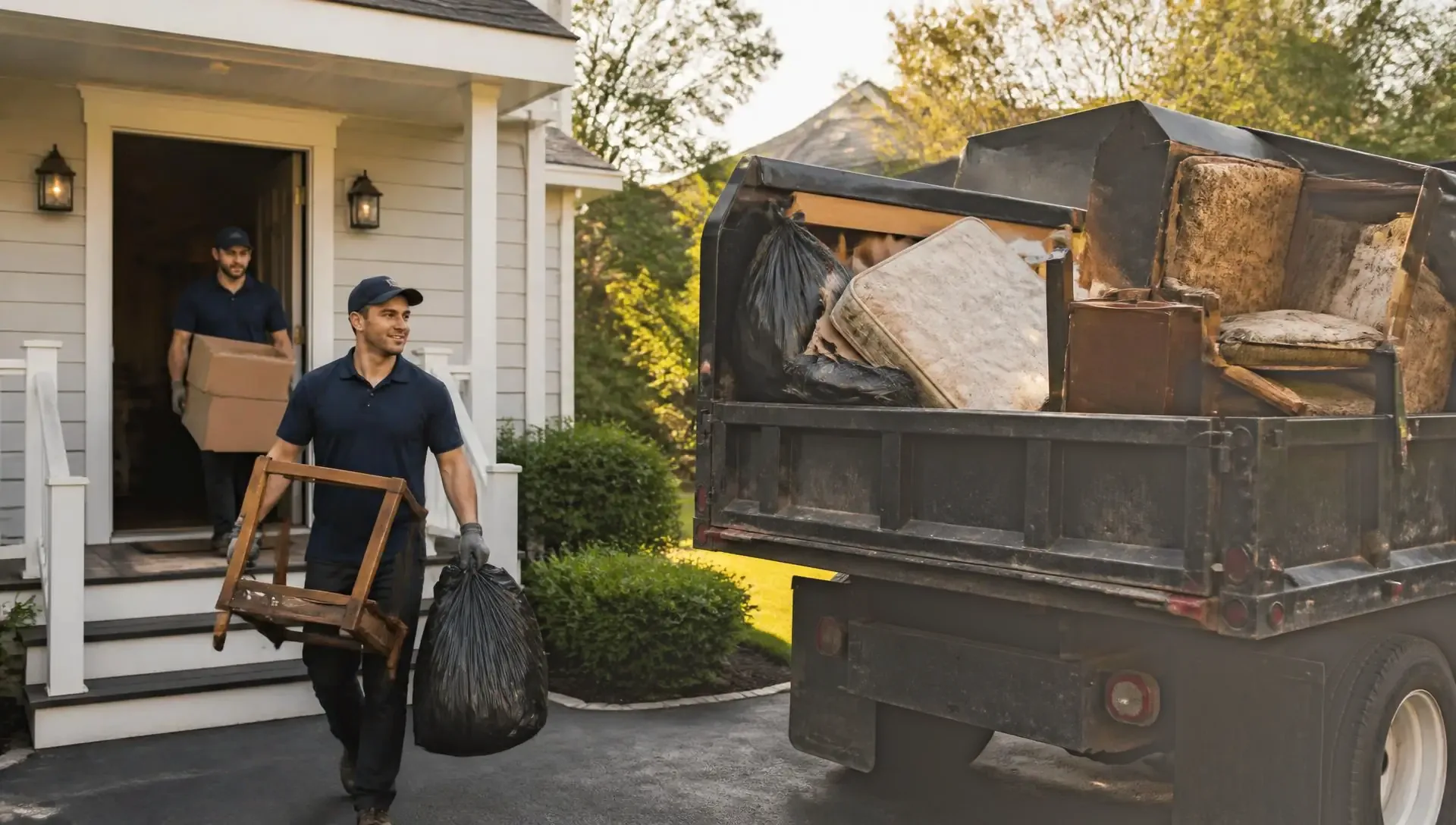 Junk removal crew carrying old furniture and bags out of a home into a loaded dump truck