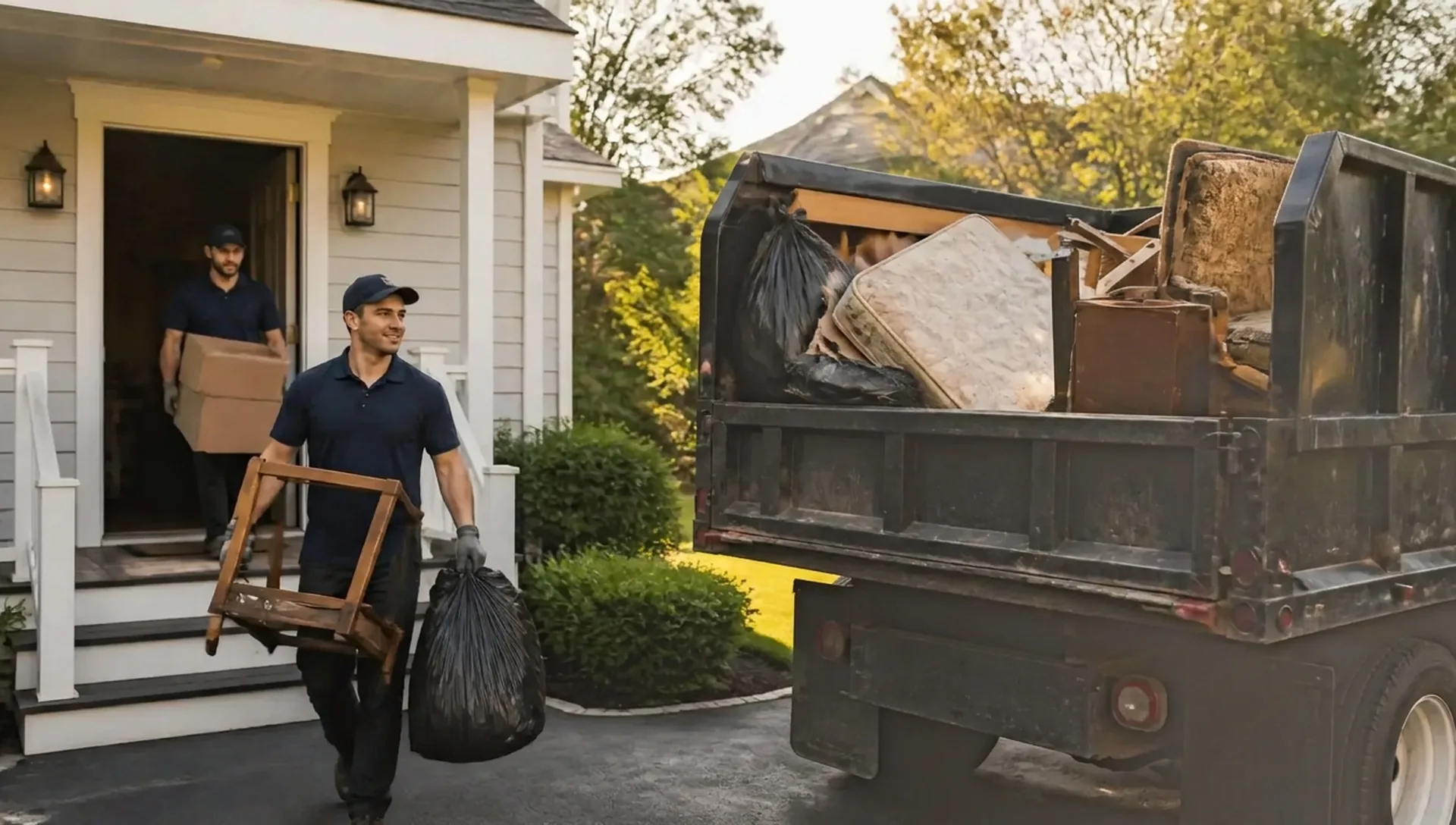 Junk removal crew carrying old furniture and bags out of a home into a loaded dump truck