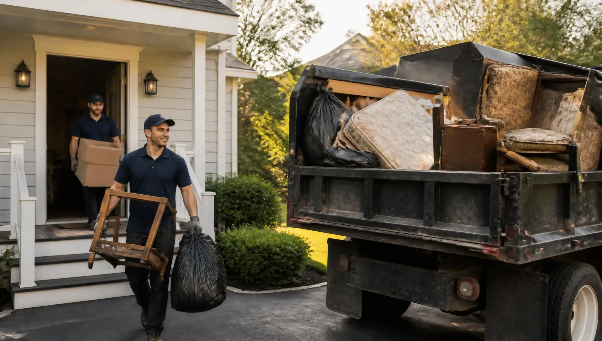 Junk removal crew carrying old furniture and bags out of a home into a loaded dump truck