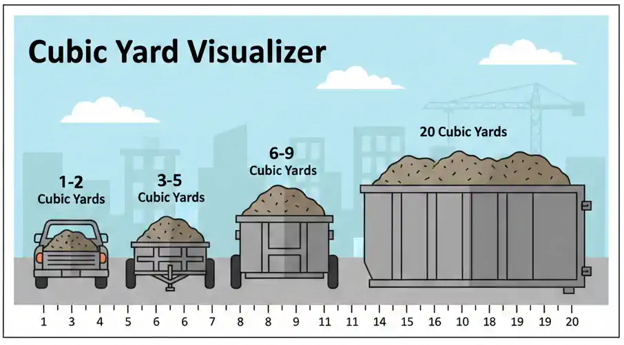 Cubic yard visualizer showing what 1, 5, 10, 15, and 20 cubic yards of junk looks like.