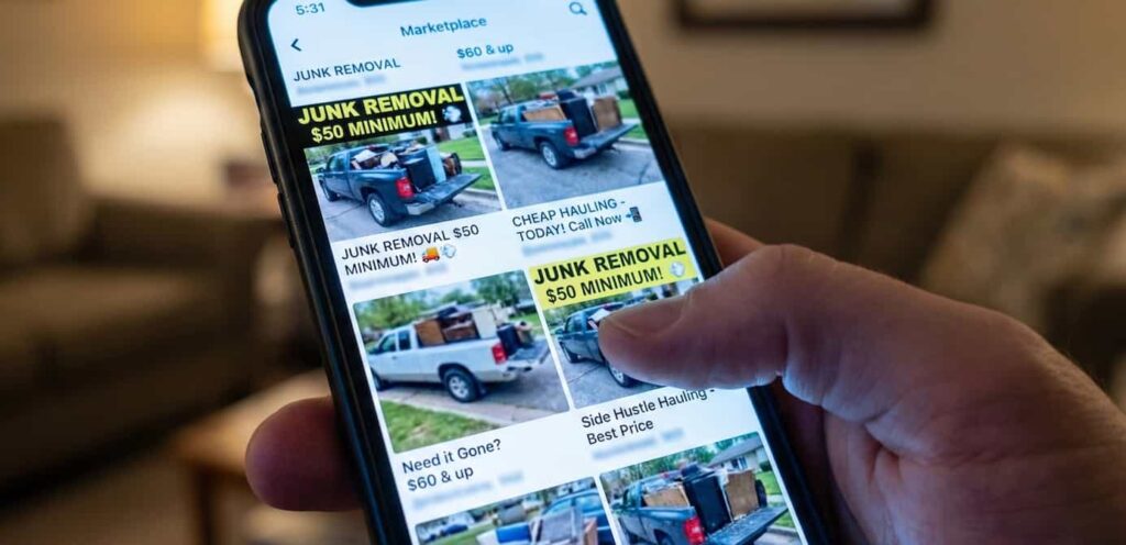 Marketplace ads for cheap junk removal on a phone screen. 