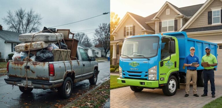 Picture of a beat-up pickup truck stacked highly with junk by a side hustler on the left, as opposed to a photo of a professional junk removal crew with a corporate truck and clipboards.
