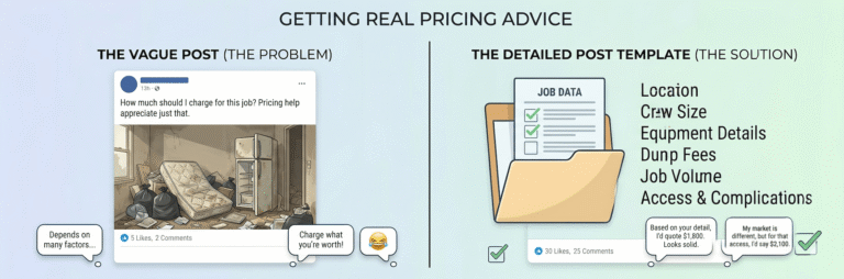 What should you charge for junk removal? On the left side, a bad example that lacks a lot of context, so helpful junk removal business owners can't give you a helpful answer. And on the right side, you see an example of what should be in post to actually get helpful, valuable answers from other junk removal business owners to help you figure out your pricing.